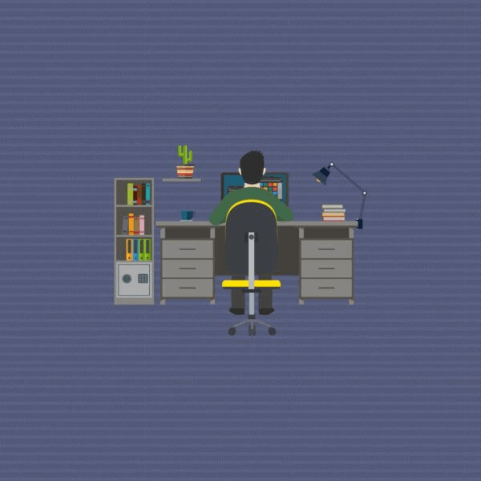 Cartoon of a person sitting at their desk.