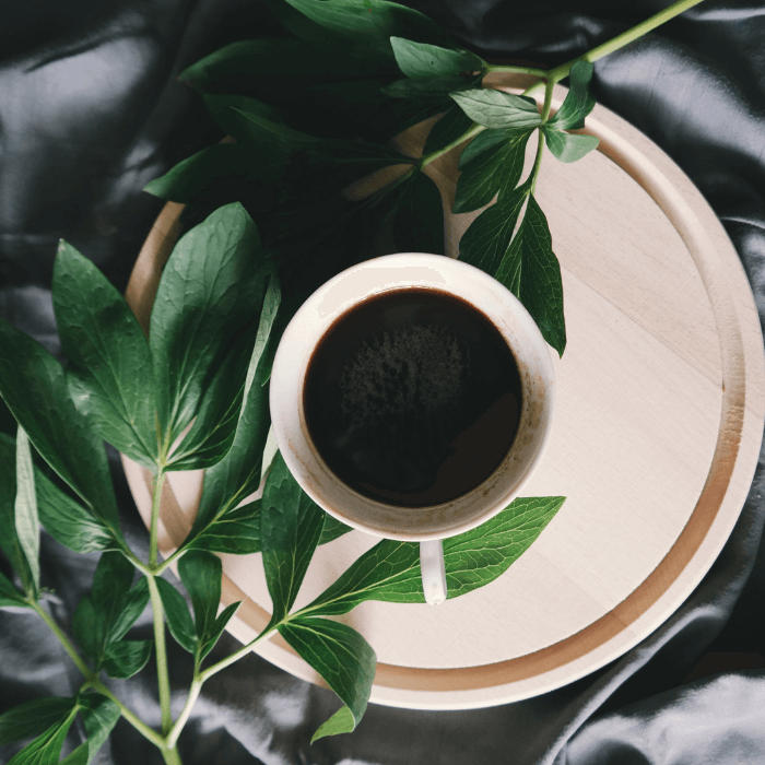 Cup of coffee with leaves beside it