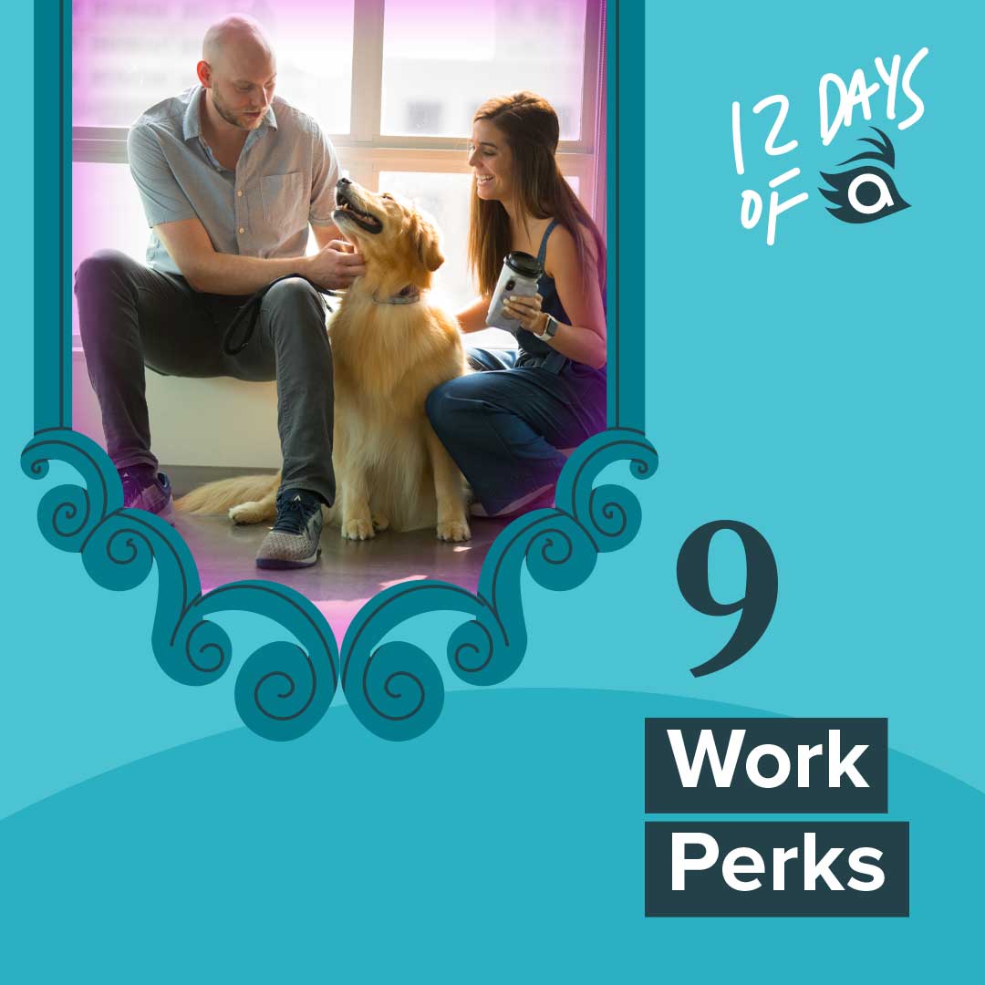 A man and woman sit in an office with a golden retriever dog between them