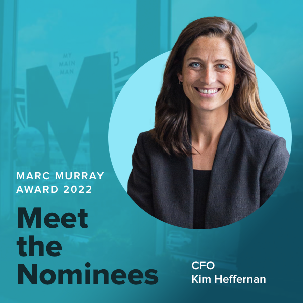 A woman smiles along the words "Meet the Nominee, CFO Kim Heffernan"