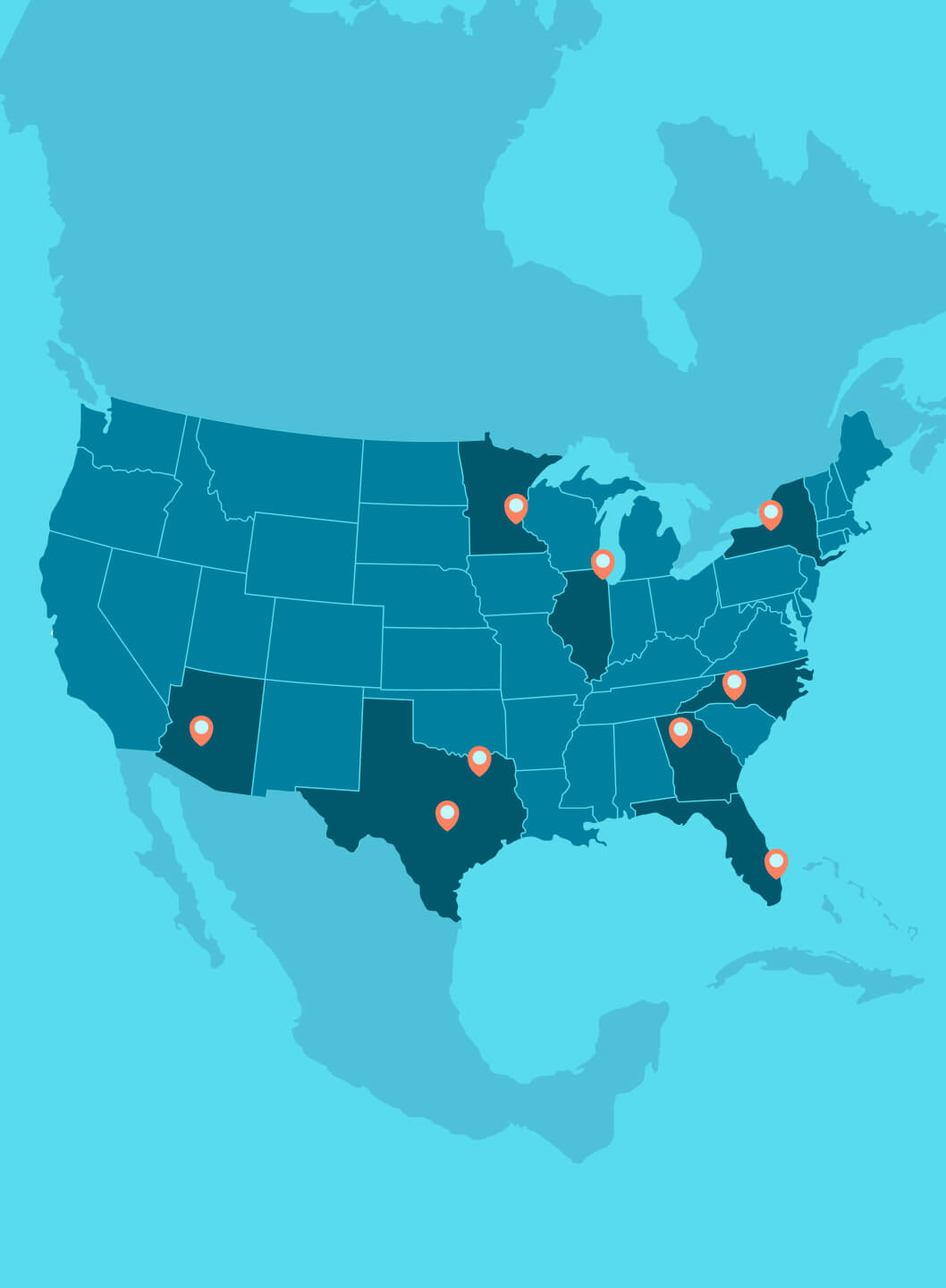 Map of the United States with location pins across the country