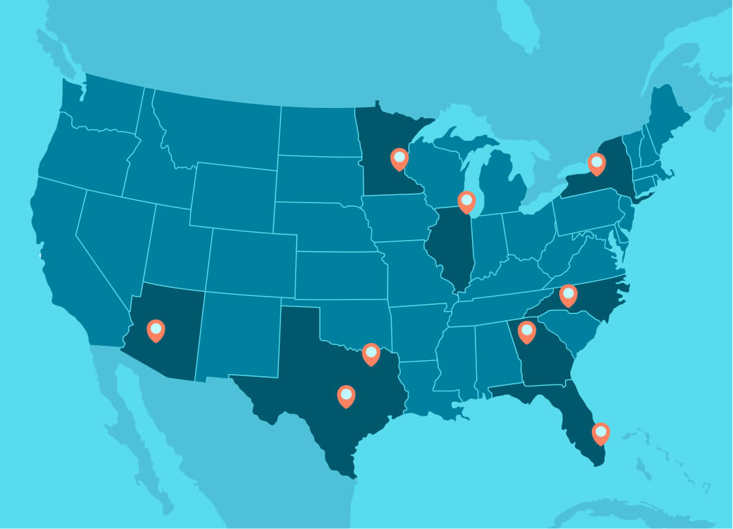 Map of the United States with location pins across the country