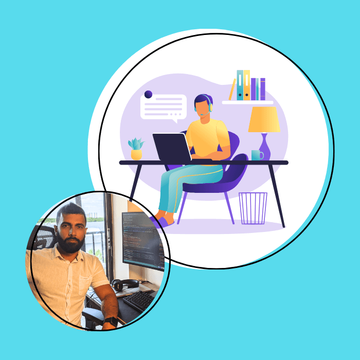 A Terakeet employee posed at his desk next to a cartoon of a person sitting at their desk.