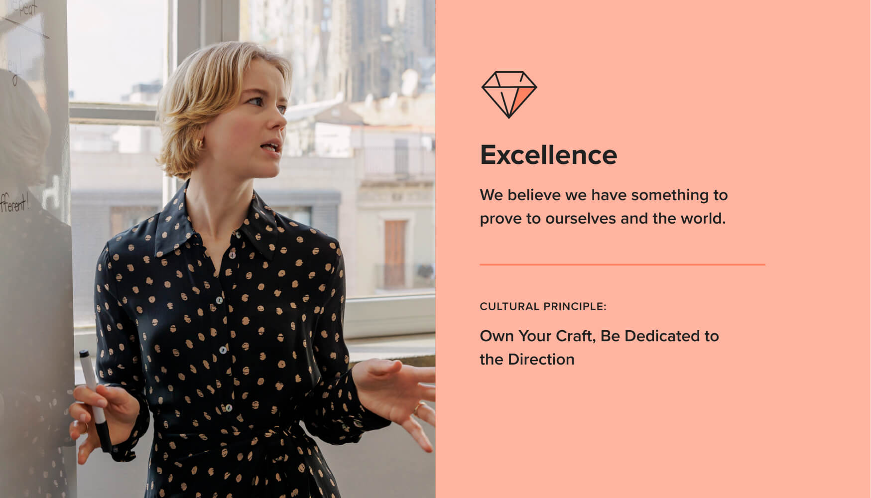 A blonde woman talks at a whiteboard beside a description of Terakeet's Excellence value and accompanying cultural principle.