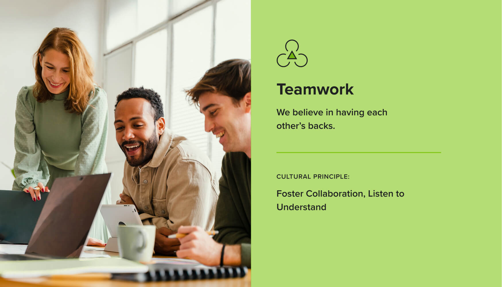 Three smiling professionals collaborate in at a desk beside a graphic that describes Terakeet's Teamwork value and accompanying cultural principle.