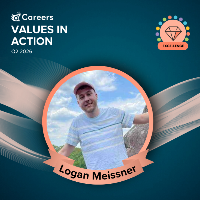 Logan Meissner smiles within a graphic that reads "Terakeet Values in Action Q2 2026: Excellence"