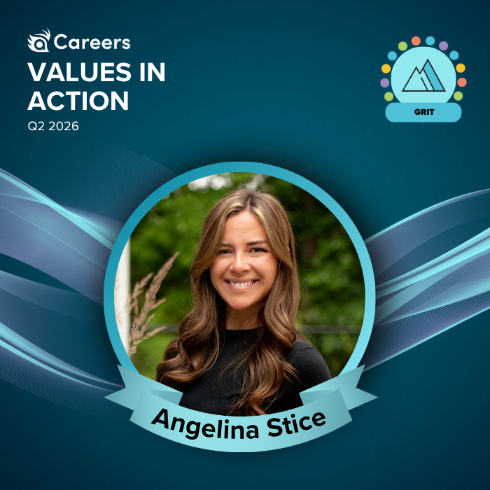Angelina Stice smiles within a graphic that reads "Terakeet Values in Action Q2 2026: Grit"