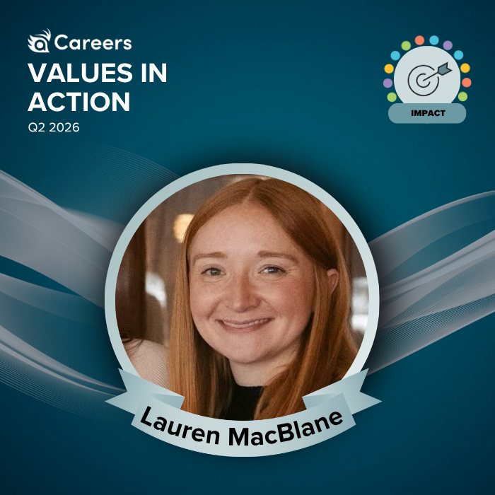 Lauren MacBlane smiles within a graphic that reads "Terakeet Values in Action Q2 2026: Impact"