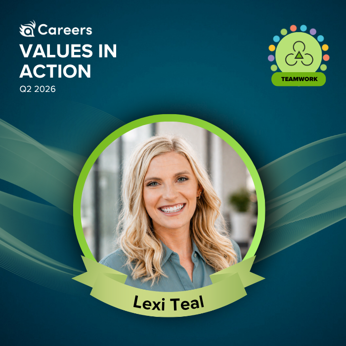 Lexi Teal smiles within a graphic that reads "Terakeet Values in Action Q2 2026: Teamwork"