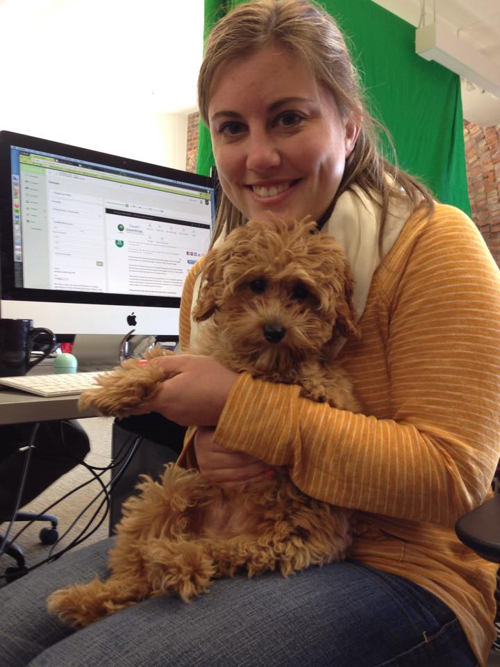 Woman sitting at her office desk holding a puppy.