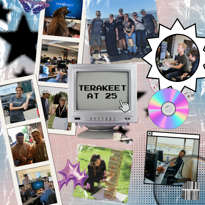 A Y2k-esque collage of photos of employees with the text "Terakeet at 25"