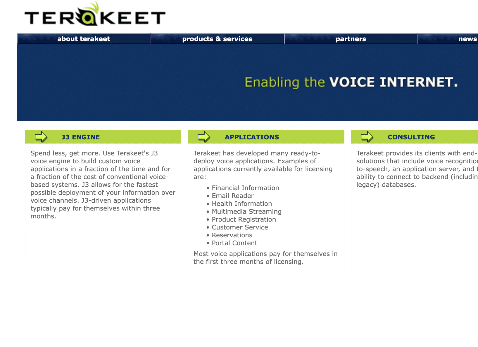 A screenshot of Terakeet's website in 2001, focused on enabling the voice internet