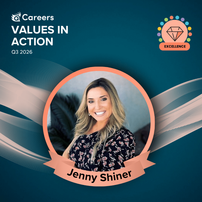 A photo of a woman named Jenny Shiner smiling sits below the words Values in Action | Excellence