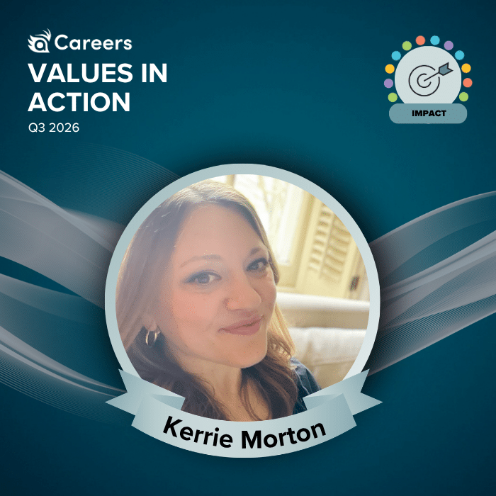 A photo of a woman named Kerrie Morton smiling sits below the words Values in Action | Impact