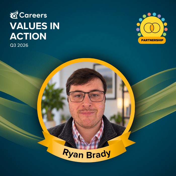 A photo of a man named Ryan Brady smiling sits below the words Values in Action | Partnership